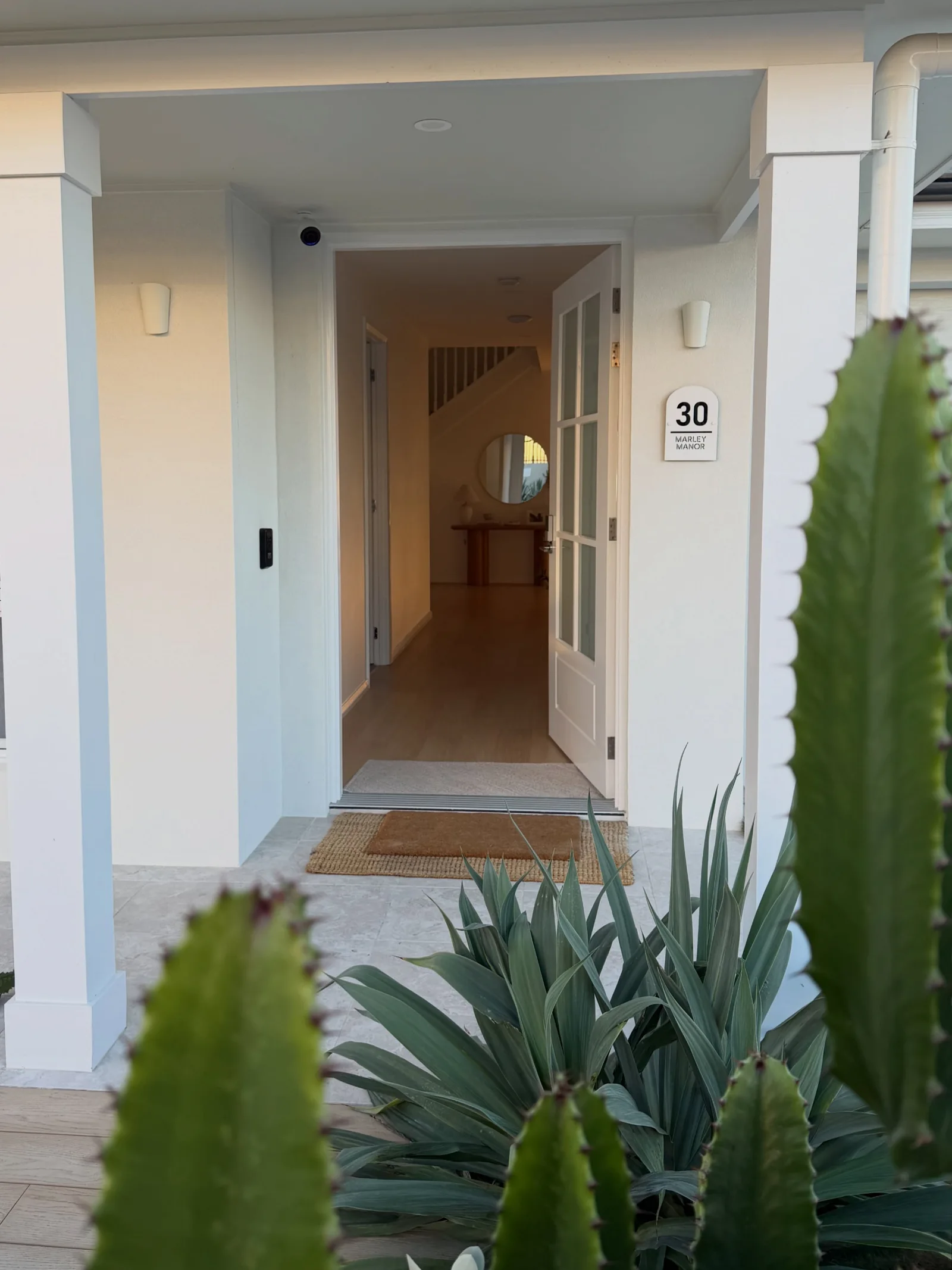 A view through our front door framed by garden greenery